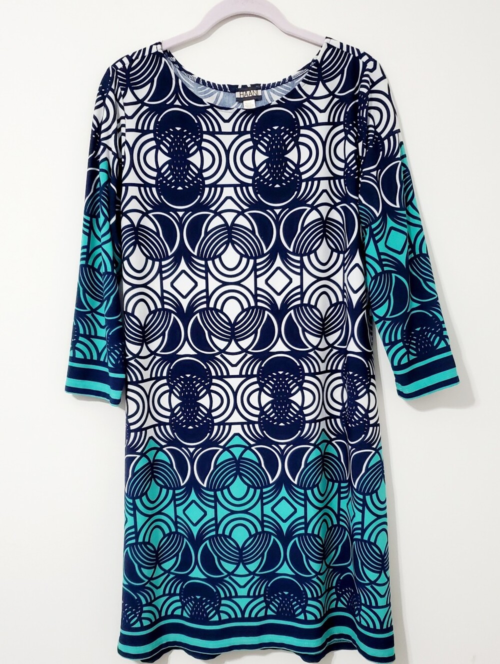 Haani Navy Green Geometric Print  Shift Dress Large
